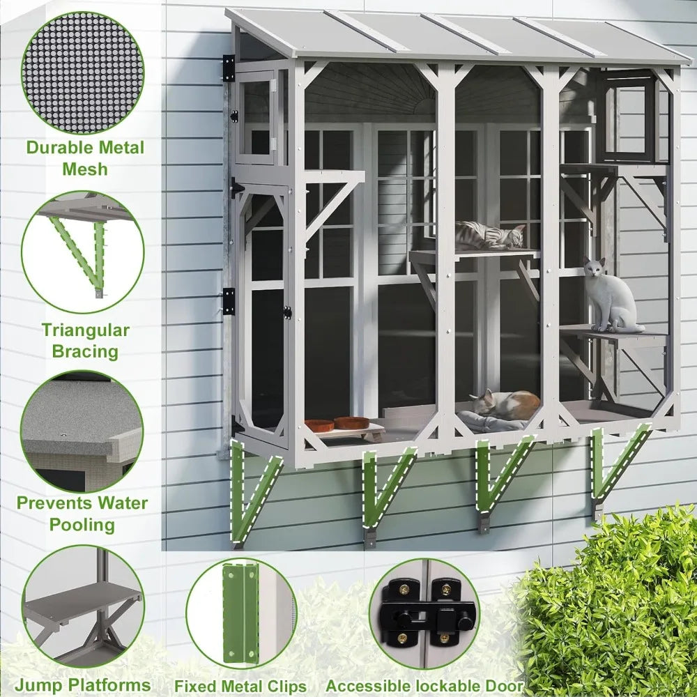 Cat Window Box,Wooden Window Catio for Indoor Cats,Expandable Outdoor Enclosure with 4 Platforms & 3 Doors,Secure Wall-Mounted P