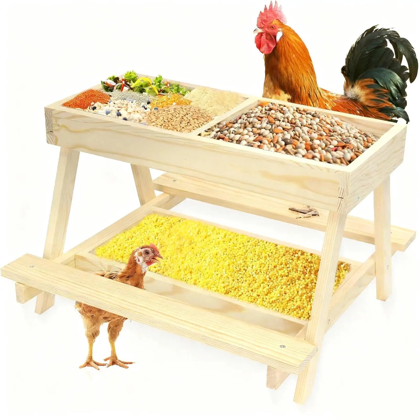 Chicken Picnic Table Double Layer Feeding Table Handmade Wooden Chicken Coop Feeder with 4 Grids for Poultry Ducks Turkeys Wild