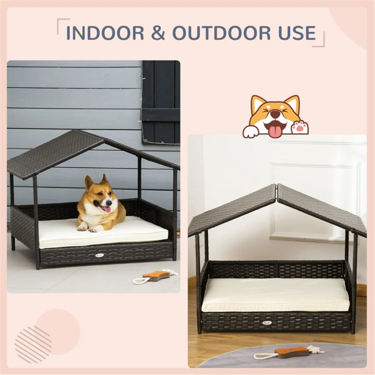 The Rattan Dog House Outdoor With Canopy Is Suitable For Small And Medium-sized Dogs