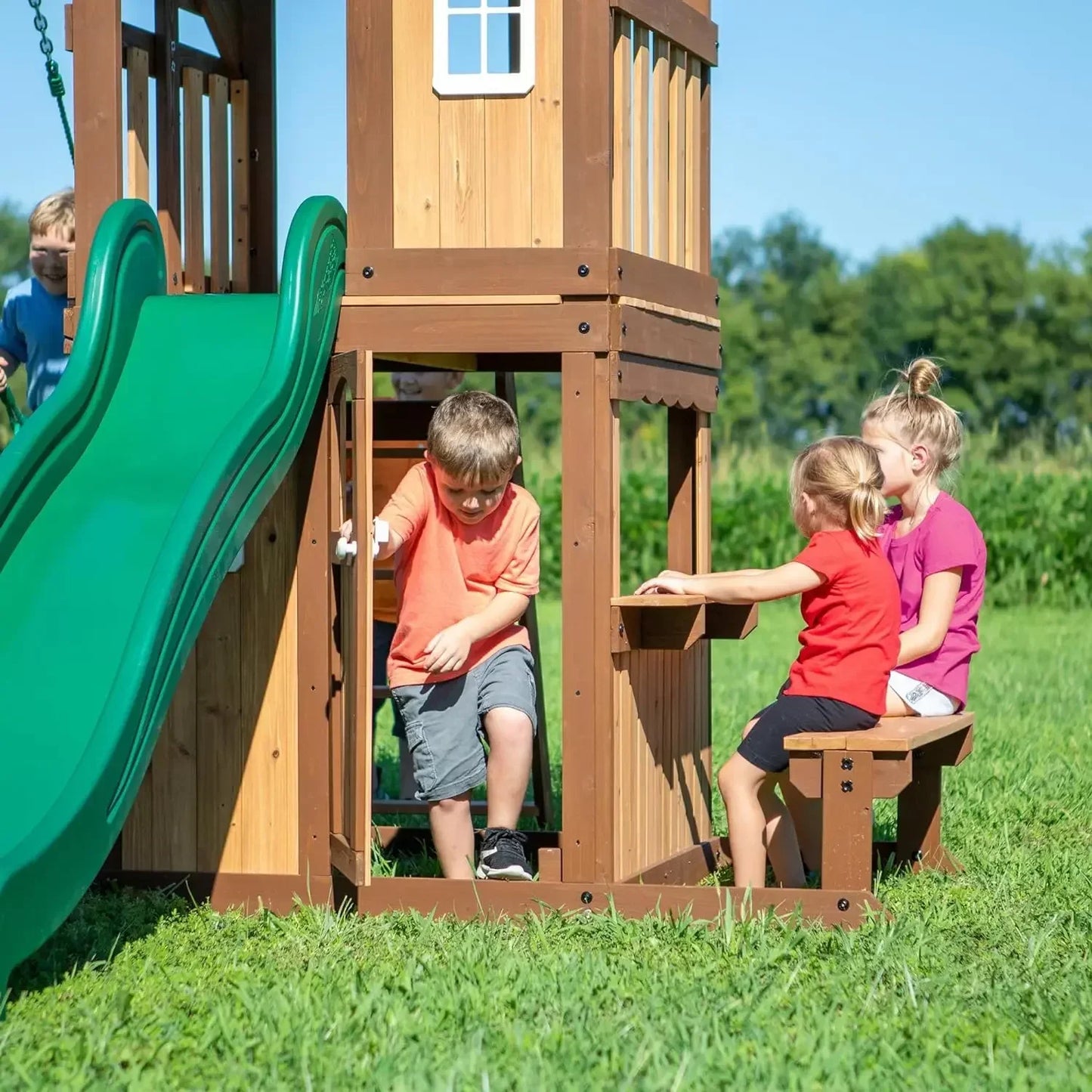 Tool Lakewood Cedar Wood Set with Wave Slide, Snack Bar Window, Picnic Area, Belt Swings, Trapeze, Step Ladder, Outdoor Playset