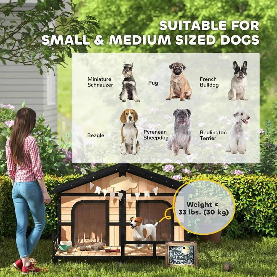 Wooden Large Dog House Outdoor Double XL Dog Kennel with Elevated Floor and Porch Weatherproof Puppy Shelter for Small and Medi