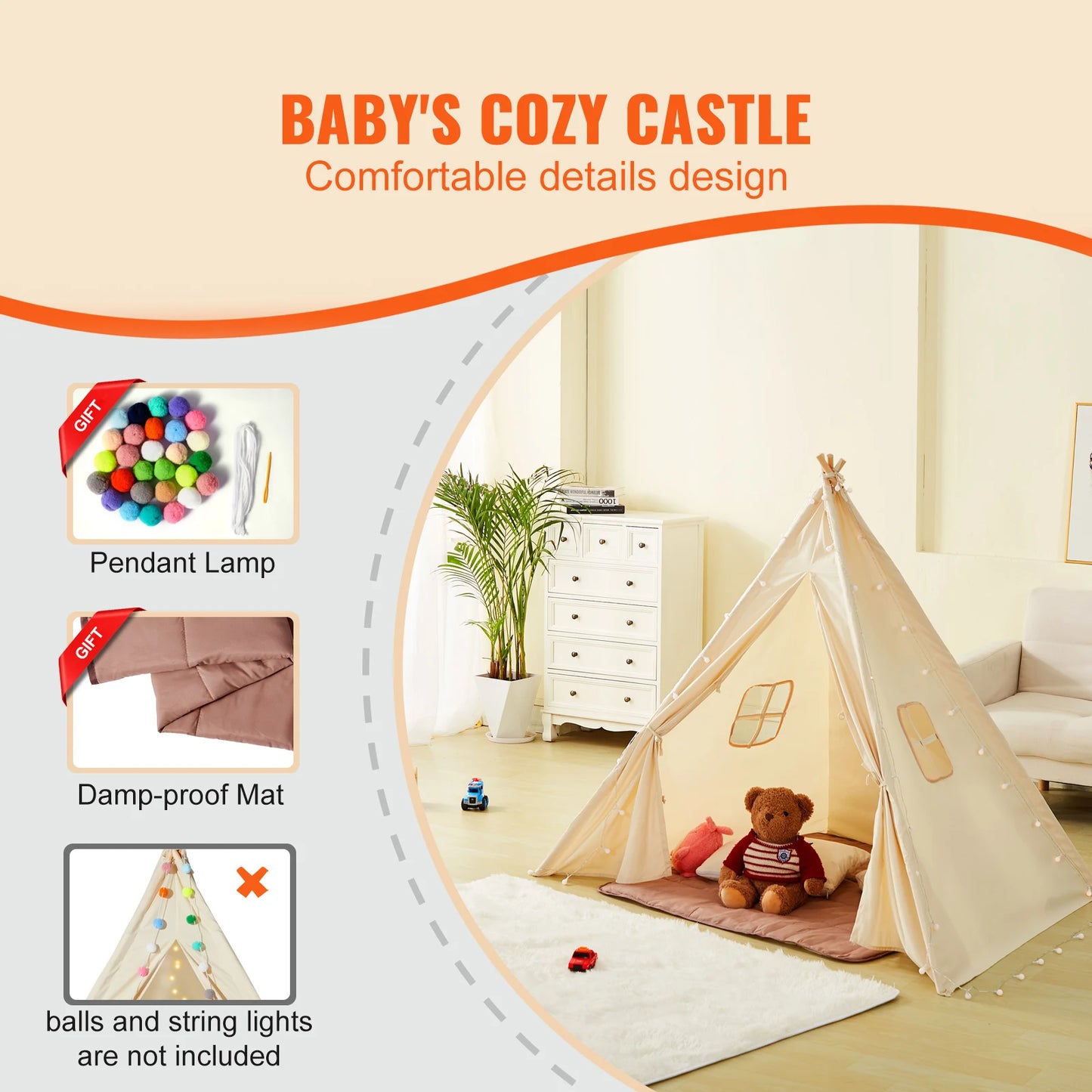 VEVOR Kids Play Tent Teepee Tent for Kids 1-5 Years Old Tent for Kids with Windows for Indoor and Outdoor Toddler Tent
