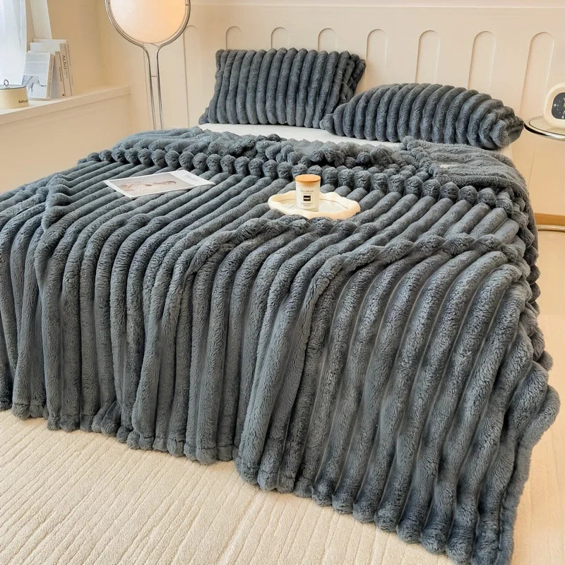 All-Season Gift,Luxurious Faux Rabbit Fur Throw Blanket, Flannel Fabric-Soft, Warm&Cozy for Couch, Bed, and Travel-Versatile.