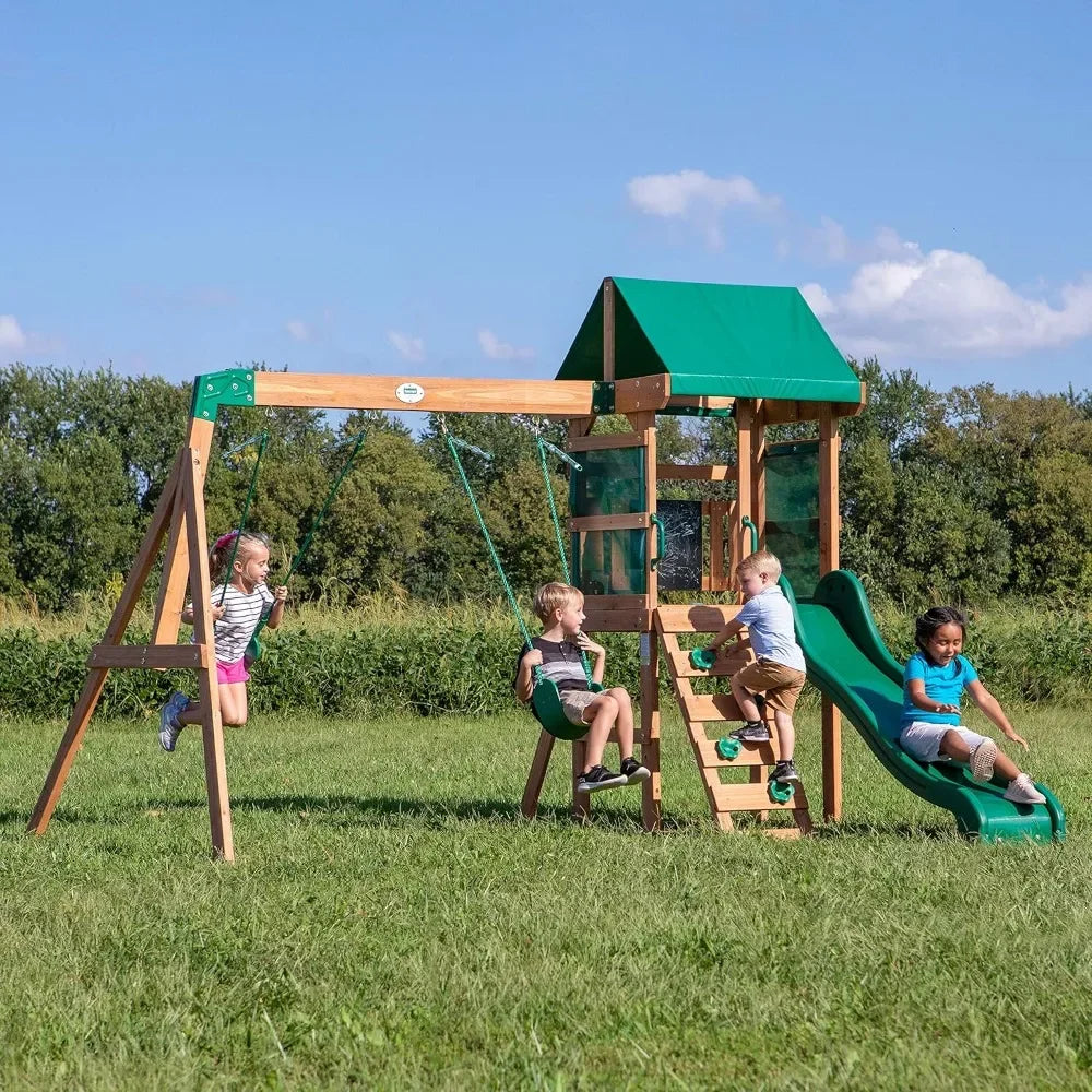 outdoors-Hot Sale - Wood Swing Set with Wave Slide, Play Deck, Rock Wall Ladder, Belt Swings, Chalkboard,Canopy Roof, Outdoor Pl