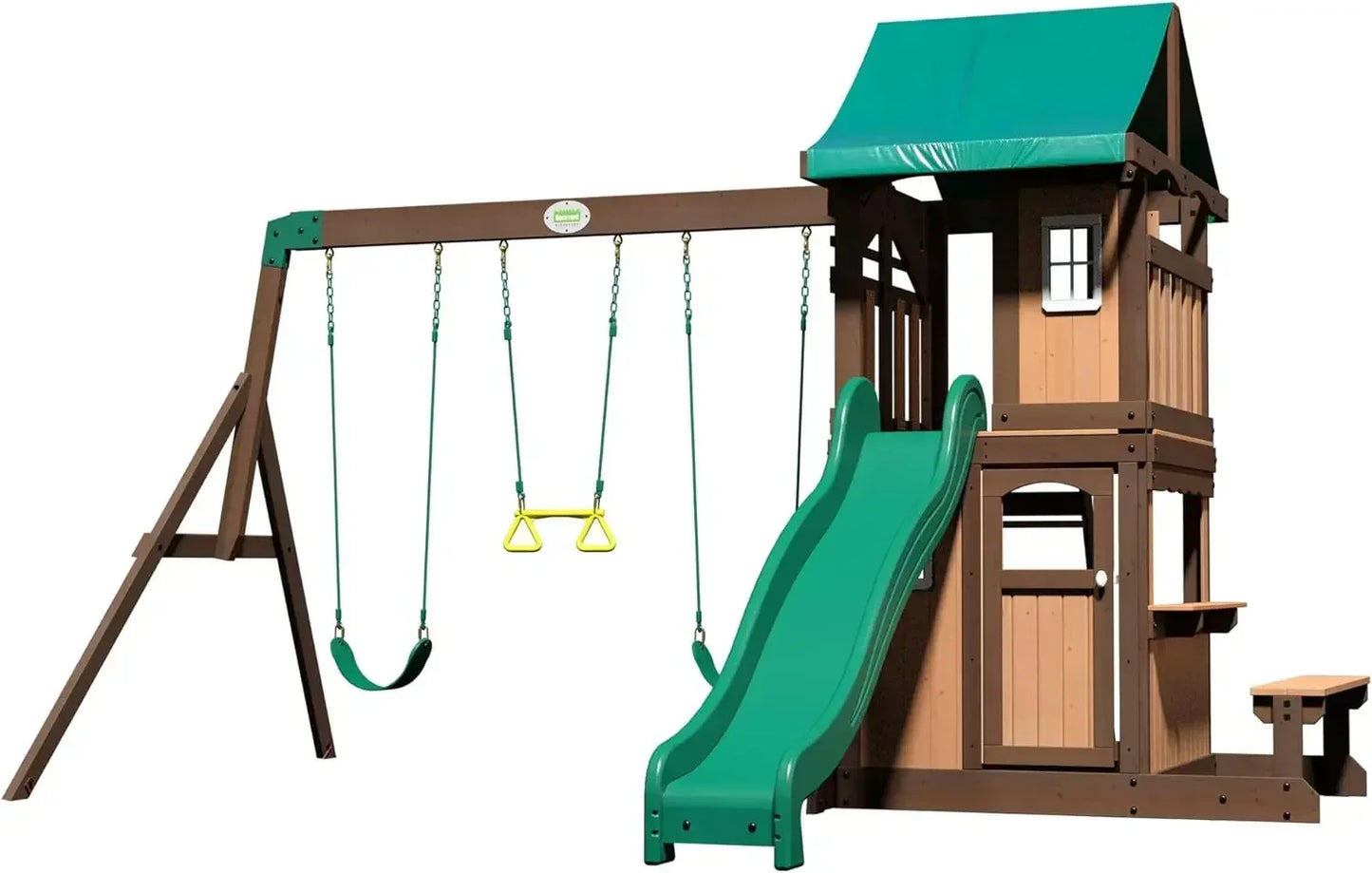 Tool Lakewood Cedar Wood Set with Wave Slide, Snack Bar Window, Picnic Area, Belt Swings, Trapeze, Step Ladder, Outdoor Playset