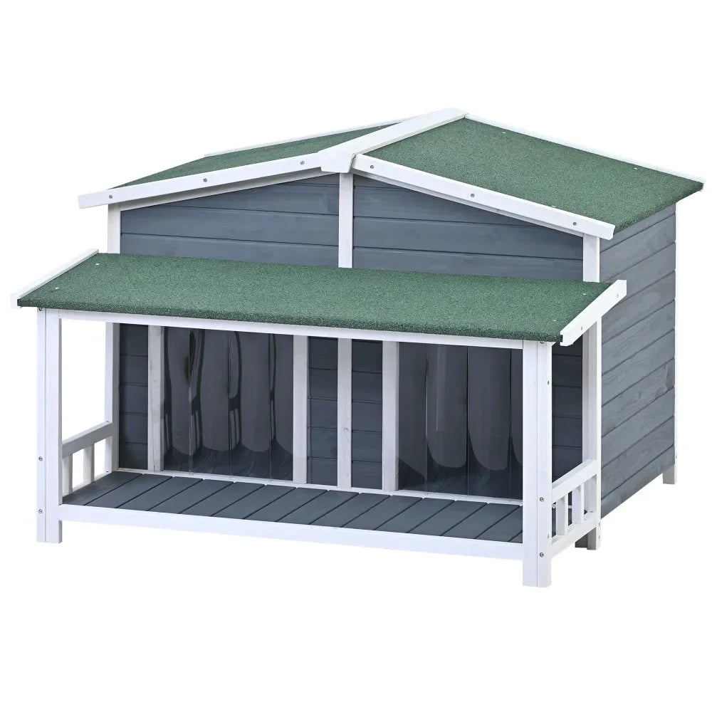 47.2" Large Wooden Dog House Outdoor, Outdoor & Indoor Dog Crate, Cabin Style, With Porch, 2 Doors, Gray And Green