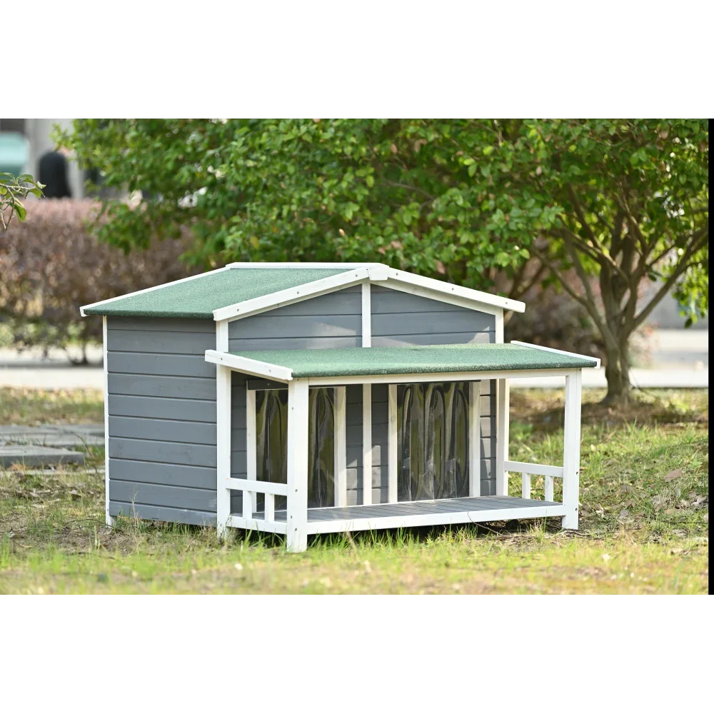 47.2" Large Wooden Dog House Outdoor, Outdoor & Indoor Dog Crate, Cabin Style, With Porch, 2 Doors, Gray And Green