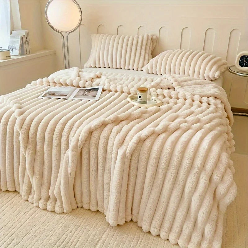 All-Season Gift,Luxurious Faux Rabbit Fur Throw Blanket, Flannel Fabric-Soft, Warm&Cozy for Couch, Bed, and Travel-Versatile.