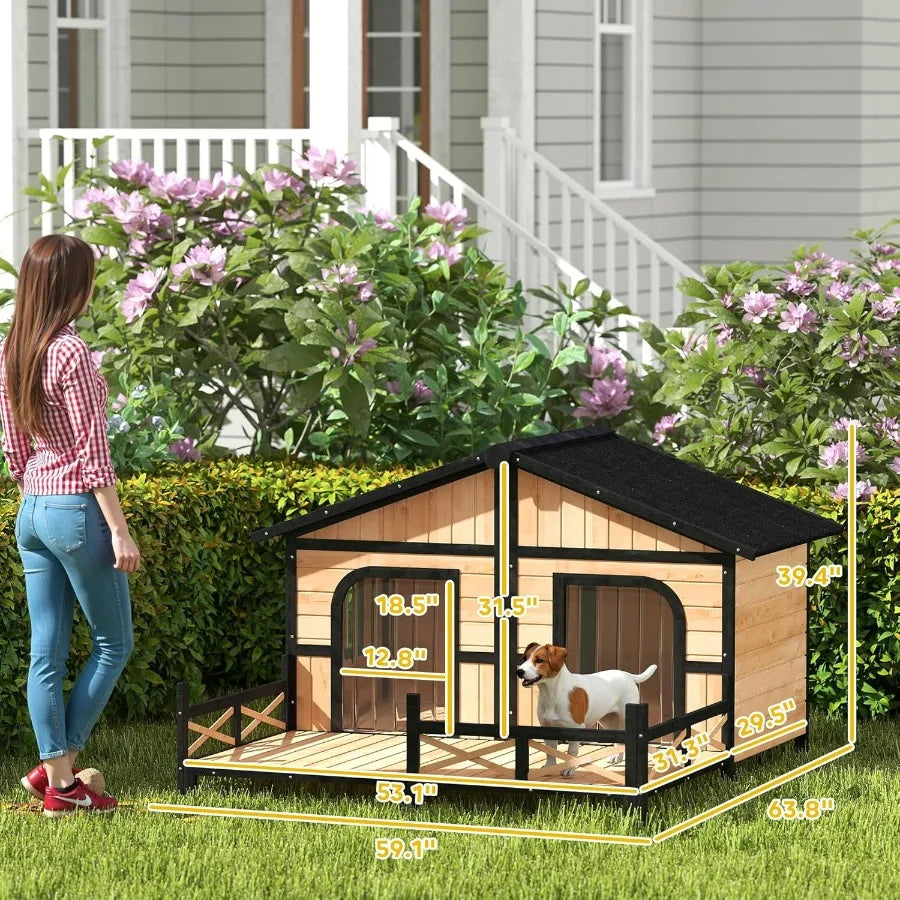 Wooden Large Dog House Outdoor Double XL Dog Kennel with Elevated Floor and Porch Weatherproof Puppy Shelter for Small and Medi