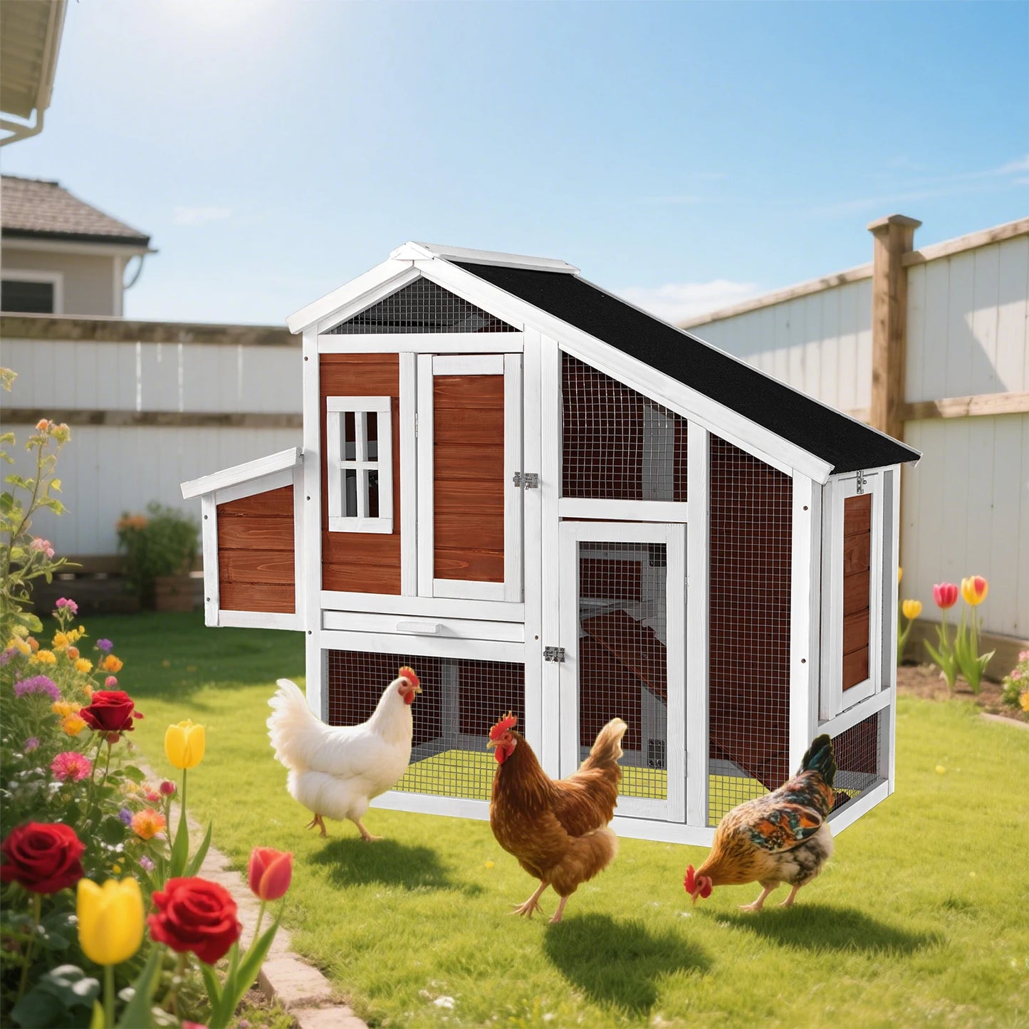 Chicken Coop, 51" Chicken Hen House, Wooden Poultry Cage with Large Nesting Box,