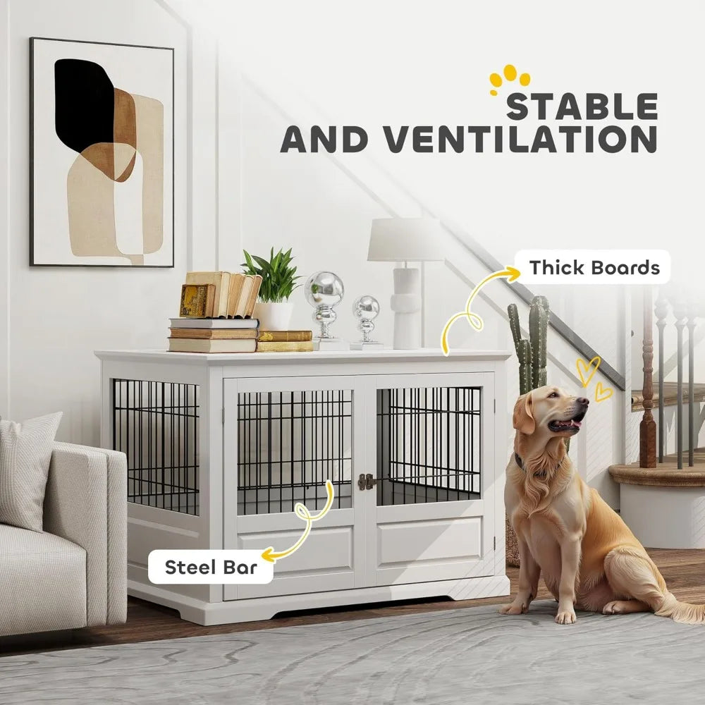 dog crate furniture, 43" dog kennel end table with 3 doors, removable tray, indoor dog cage for extra large medium small dogs,