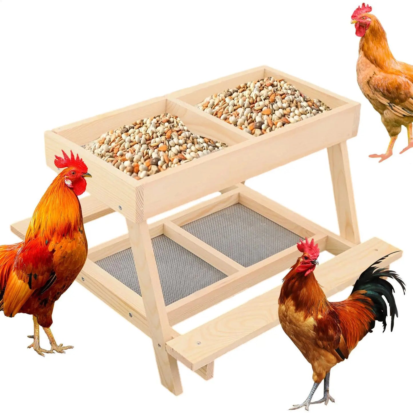 Chicken Picnic Table Double Layer Feeding Table Handmade Wooden Chicken Coop Feeder with 4 Grids for Poultry Ducks Turkeys Wild