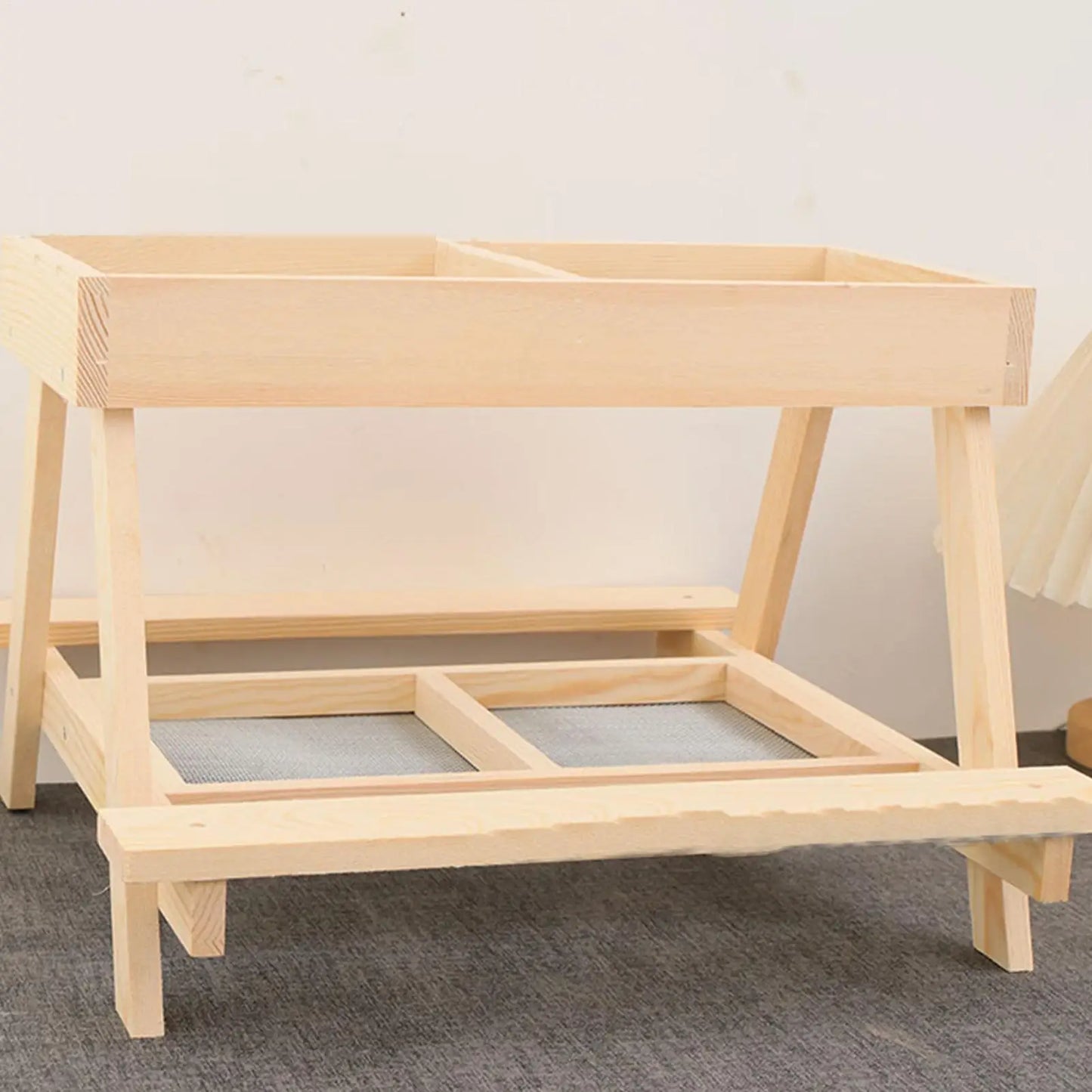 Chicken Picnic Table Double Layer Feeding Table Handmade Wooden Chicken Coop Feeder with 4 Grids for Poultry Ducks Turkeys Wild