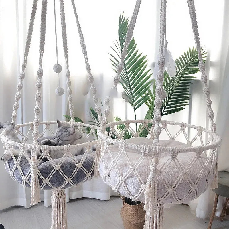Pet Cat Hammock Cat Swing Hand Woven Cotton Rope Cats Hanging Basket Kitten Hanging String Den Indoor Pend Nest Pet Supplies