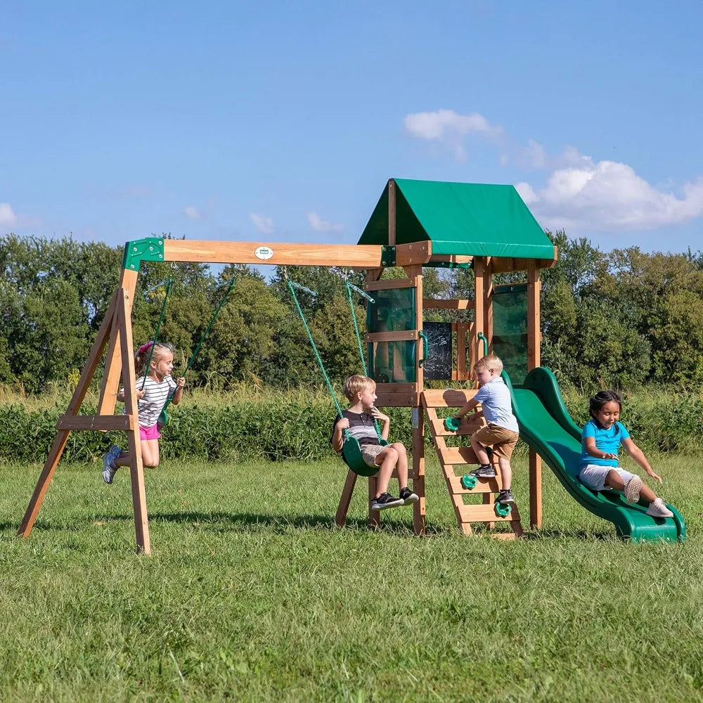 outdoors-Hot Sale - Wood Swing Set with Wave Slide, Play Deck, Rock Wall Ladder, Belt Swings, Chalkboard,Canopy Roof, Outdoor Pl