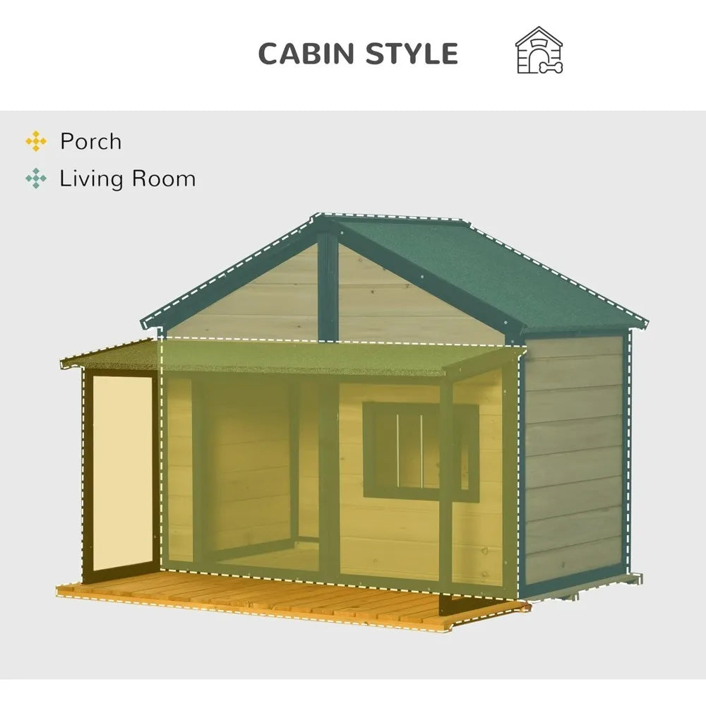 Outdoor Dog House Cabin Style, Wooden Raised Pet Kennel with Asphalt Roof, Front Door, Side Window, Porch for Medium/Large