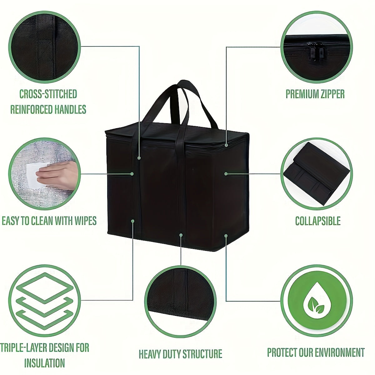 XL Insulated Bag: Keep items hot or cold for hours - grocery outdoor tote bag, reusable insulated cooler bag, portable, lightweight and sturdy with a zipper, suitable for camping, parties and festivals. Do not contact food.