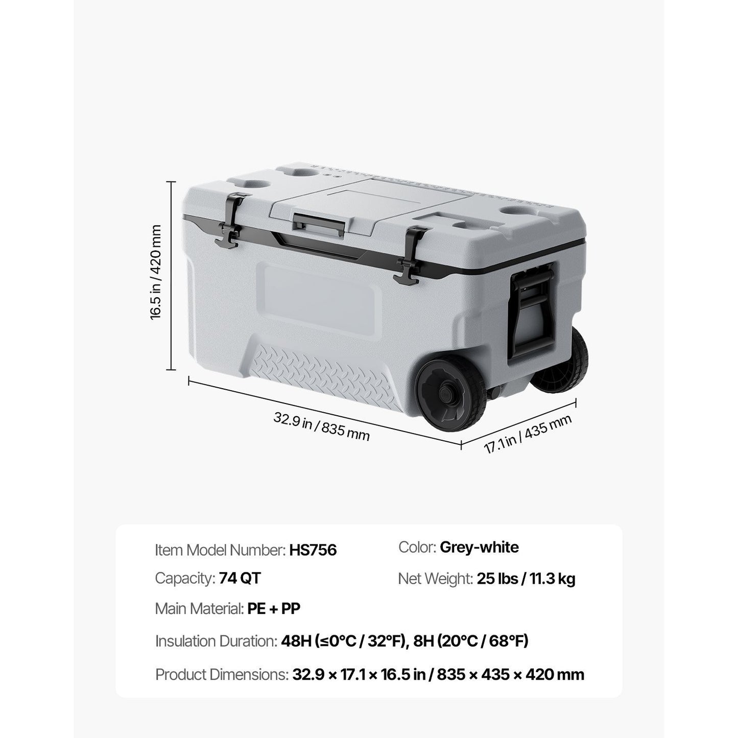 Portable Cooler 45/74 QT Insulated Wheeled Cooler 64 Can Capacity with Cup Holder