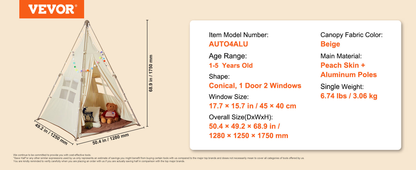 VEVOR Kids Play Tent Teepee Tent for Kids 1-5 Years Old Tent for Kids with Windows for Indoor and Outdoor Toddler Tent