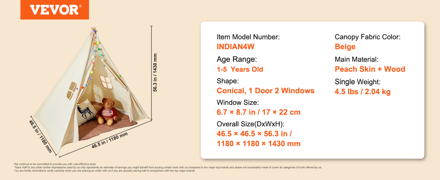 VEVOR Kids Play Tent Teepee Tent for Kids 1-5 Years Old Tent for Kids with Windows for Indoor and Outdoor Toddler Tent
