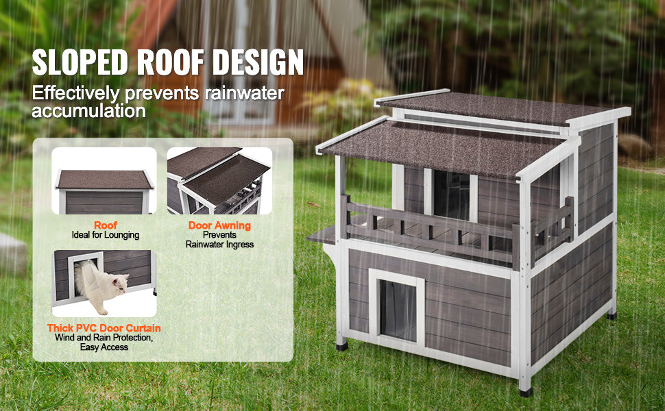 SucceBuy Outdoor Cat House Weatherproof Feral Cat Shelter 2-story Large Outdoor Wooden Cat House with Balcony Door and Open Roof