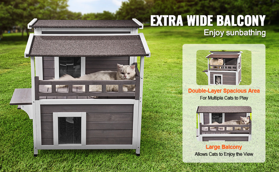 SucceBuy Outdoor Cat House Weatherproof Feral Cat Shelter 2-story Large Outdoor Wooden Cat House with Balcony Door and Open Roof