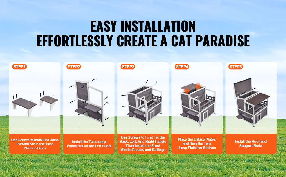 SucceBuy Outdoor Cat House Weatherproof Feral Cat Shelter 2-story Large Outdoor Wooden Cat House with Balcony Door and Open Roof