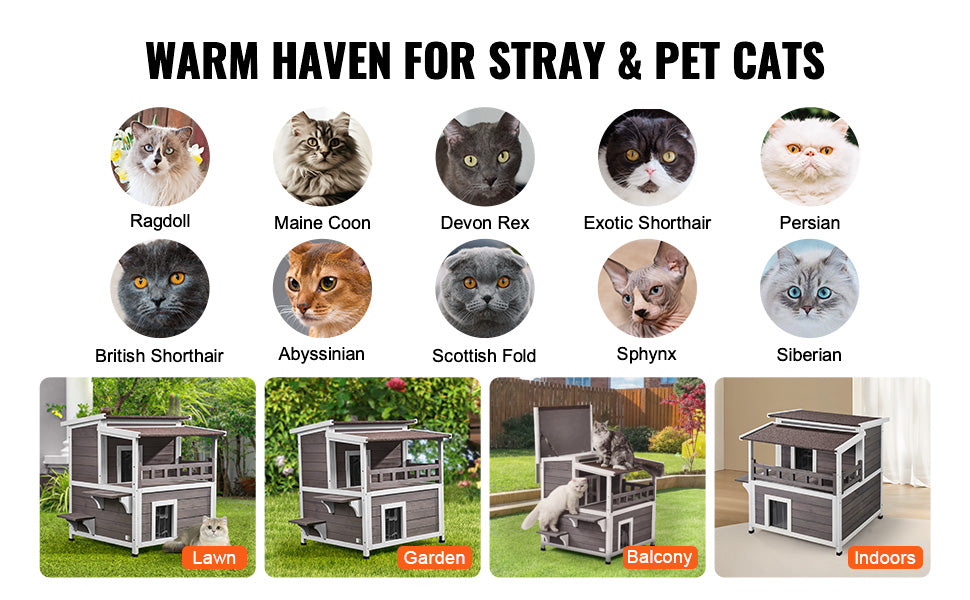 SucceBuy Outdoor Cat House Weatherproof Feral Cat Shelter 2-story Large Outdoor Wooden Cat House with Balcony Door and Open Roof