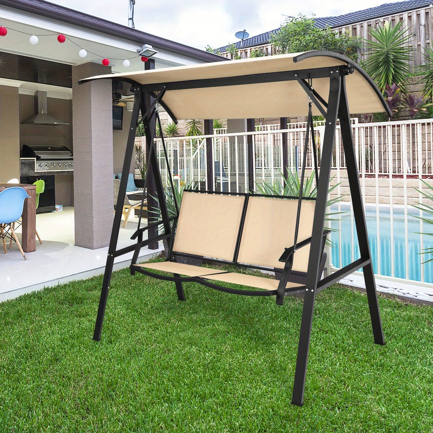 Lifezeal 2-Seater Outdoor Swing Loveseat with Removable Canopy - Heavy-Duty Alloy Steel Frame, Beige High Quality Cushions & Powder-Coated Black Steel Hanging Porch Swing Chair, 600lb Capacity, Adjustable Height for Patio, Ga
