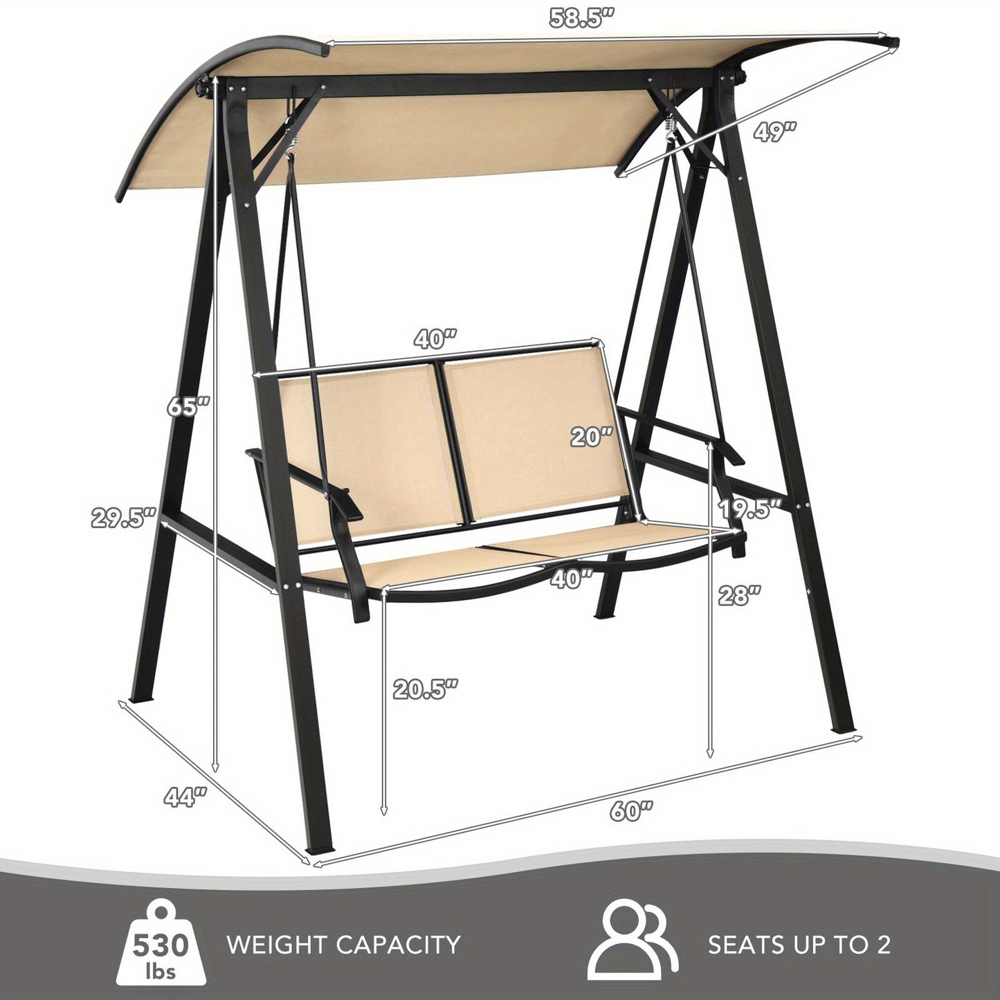 Lifezeal 2-Seater Outdoor Swing Loveseat with Removable Canopy - Heavy-Duty Alloy Steel Frame, Beige High Quality Cushions & Powder-Coated Black Steel Hanging Porch Swing Chair, 600lb Capacity, Adjustable Height for Patio, Ga
