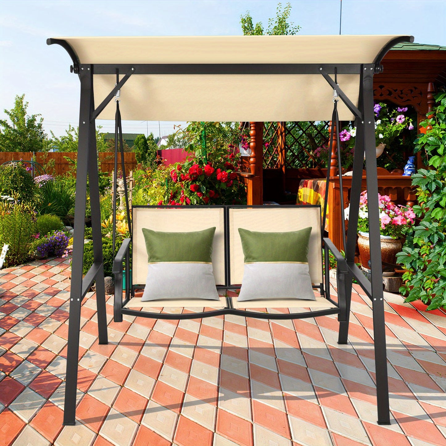 Lifezeal 2-Seater Outdoor Swing Loveseat with Removable Canopy - Heavy-Duty Alloy Steel Frame, Beige High Quality Cushions & Powder-Coated Black Steel Hanging Porch Swing Chair, 600lb Capacity, Adjustable Height for Patio, Ga