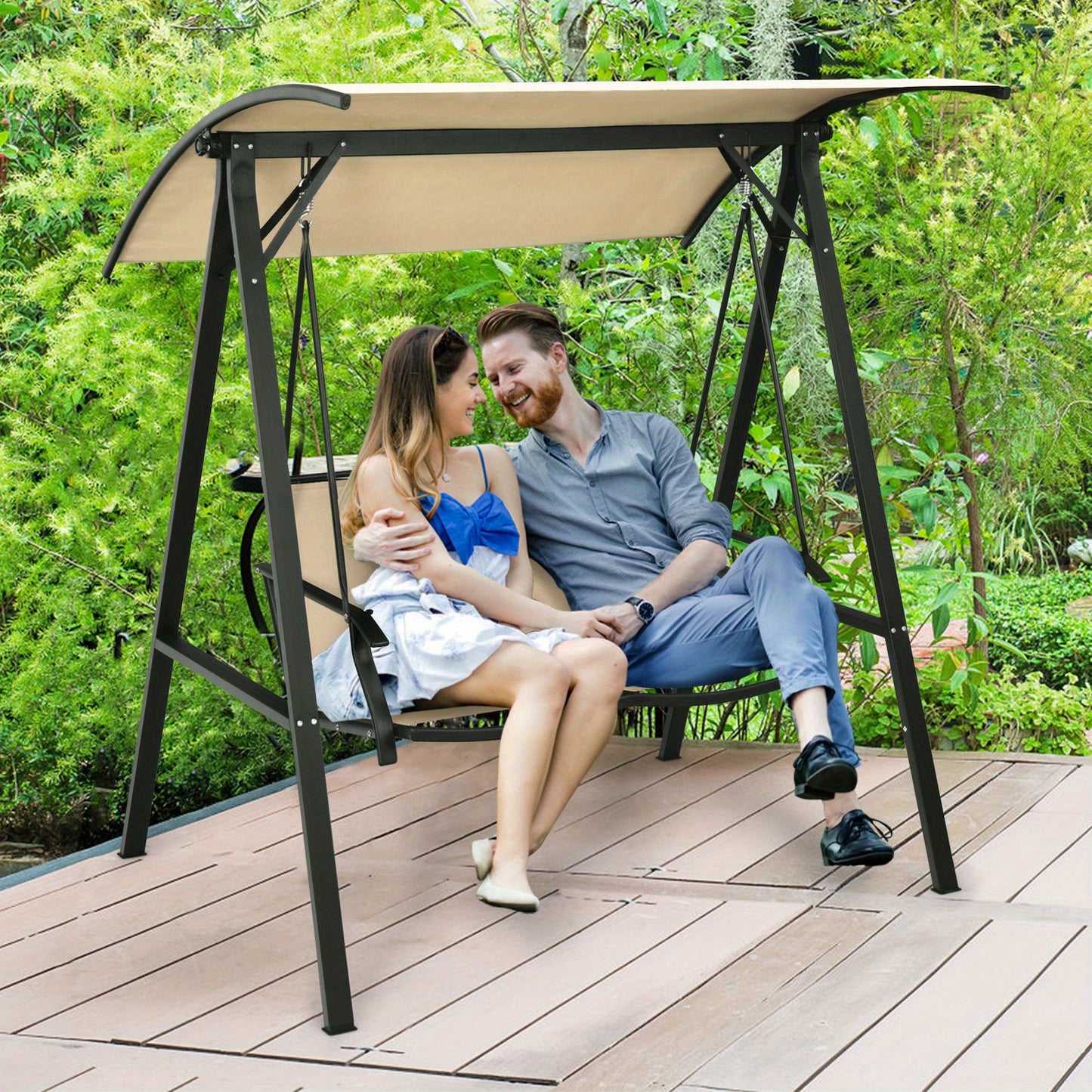Lifezeal 2-Seater Outdoor Swing Loveseat with Removable Canopy - Heavy-Duty Alloy Steel Frame, Beige High Quality Cushions & Powder-Coated Black Steel Hanging Porch Swing Chair, 600lb Capacity, Adjustable Height for Patio, Ga