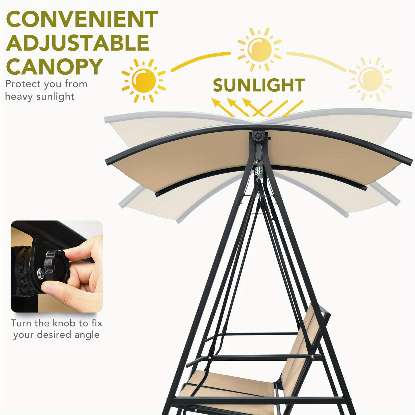 Lifezeal 2-Seater Outdoor Swing Loveseat with Removable Canopy - Heavy-Duty Alloy Steel Frame, Beige High Quality Cushions & Powder-Coated Black Steel Hanging Porch Swing Chair, 600lb Capacity, Adjustable Height for Patio, Ga