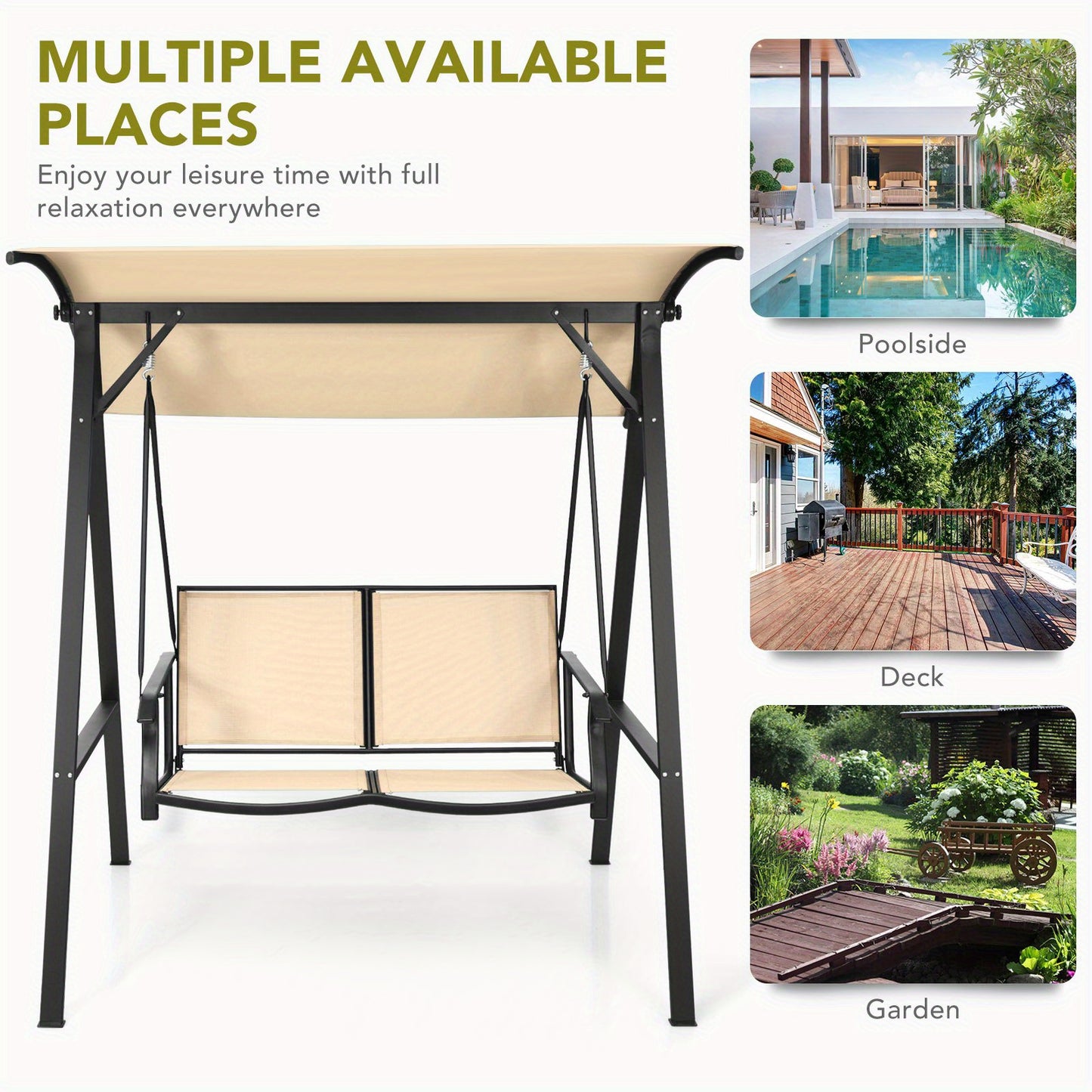 Lifezeal 2-Seater Outdoor Swing Loveseat with Removable Canopy - Heavy-Duty Alloy Steel Frame, Beige High Quality Cushions & Powder-Coated Black Steel Hanging Porch Swing Chair, 600lb Capacity, Adjustable Height for Patio, Ga