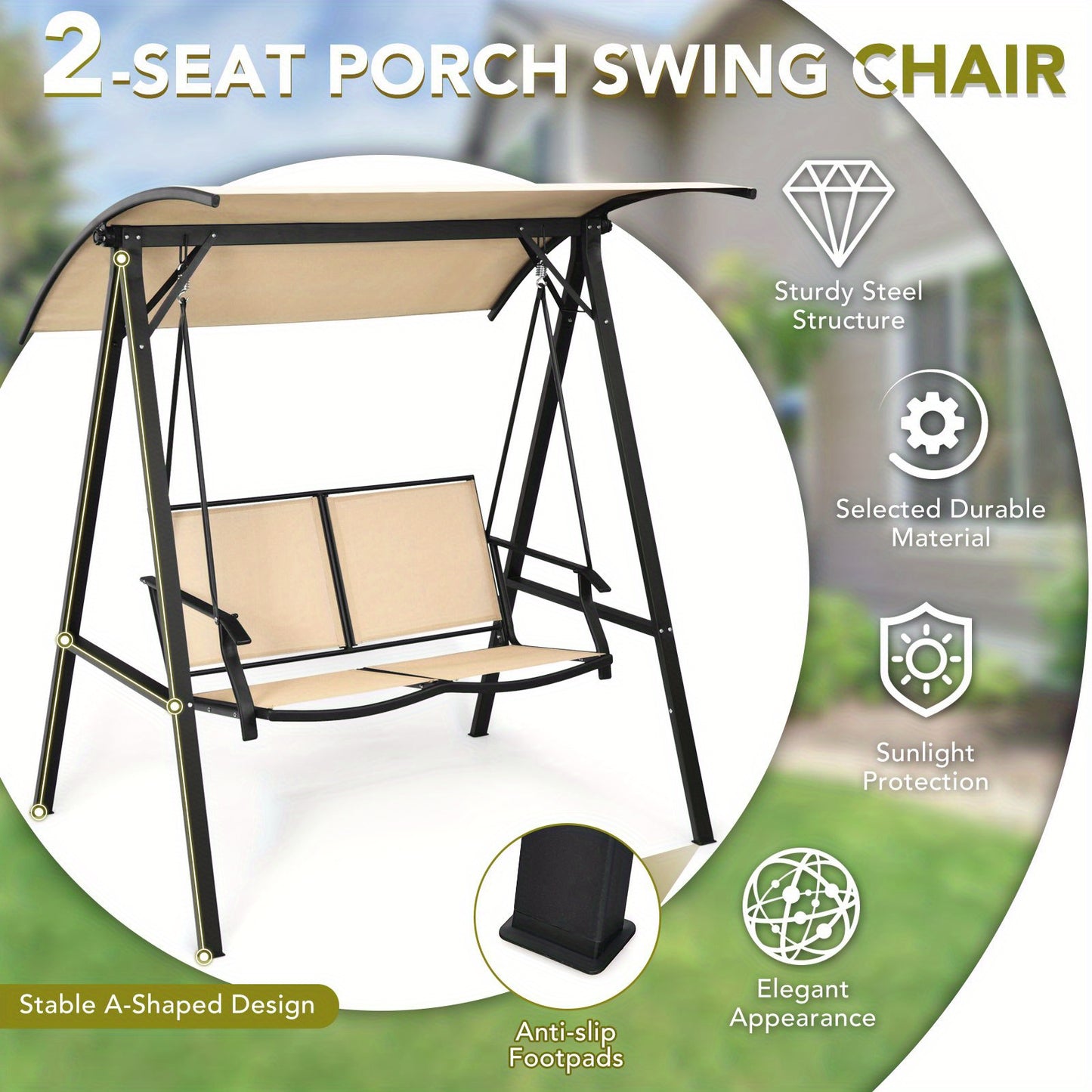Lifezeal 2-Seater Outdoor Swing Loveseat with Removable Canopy - Heavy-Duty Alloy Steel Frame, Beige High Quality Cushions & Powder-Coated Black Steel Hanging Porch Swing Chair, 600lb Capacity, Adjustable Height for Patio, Ga