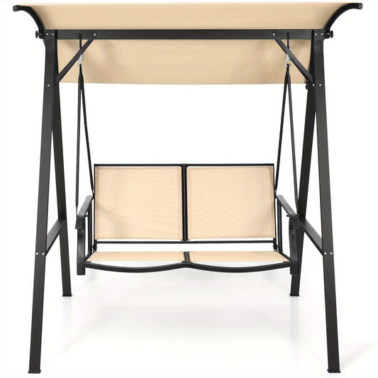 Lifezeal 2-Seater Outdoor Swing Loveseat with Removable Canopy - Heavy-Duty Alloy Steel Frame, Beige High Quality Cushions & Powder-Coated Black Steel Hanging Porch Swing Chair, 600lb Capacity, Adjustable Height for Patio, Ga