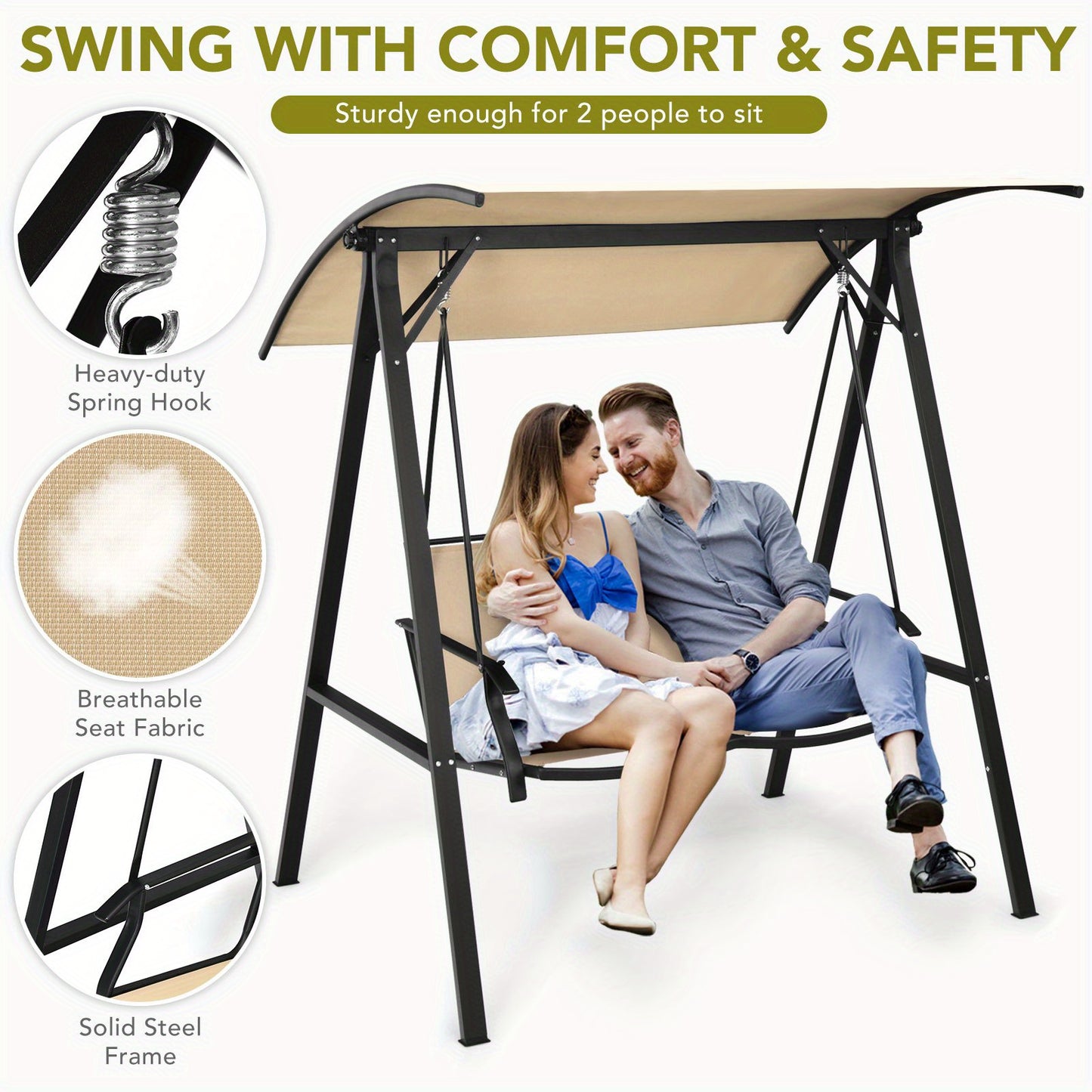 Lifezeal 2-Seater Outdoor Swing Loveseat with Removable Canopy - Heavy-Duty Alloy Steel Frame, Beige High Quality Cushions & Powder-Coated Black Steel Hanging Porch Swing Chair, 600lb Capacity, Adjustable Height for Patio, Ga