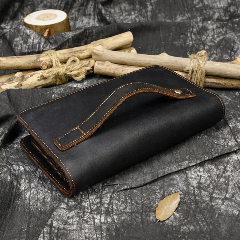 Top Grade Men Purse Genuine Leather Day Clutches For Male Vintage Style Hand Purse Crazy Horse Leather Mens Clutch Big Wallet