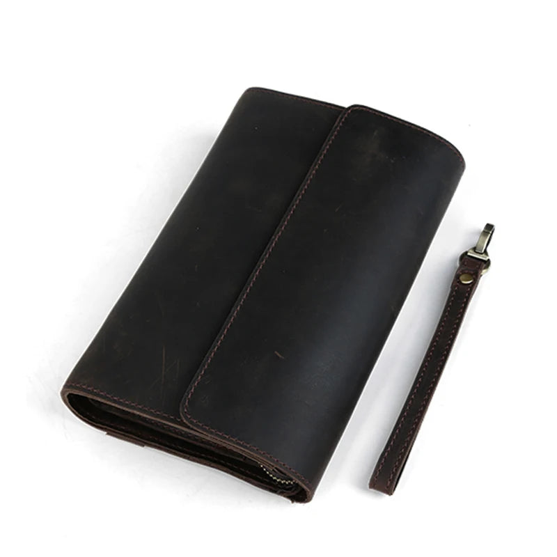Top Grade Men Purse Genuine Leather Day Clutches For Male Vintage Style Hand Purse Crazy Horse Leather Mens Clutch Big Wallet