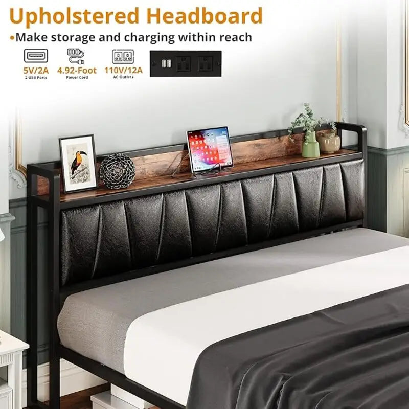 LIKIMIO King/CaliforniaKing Size Bed Frame with Headboard, Charging Station,  2 Storage Drawers,  No Box Spring Needed