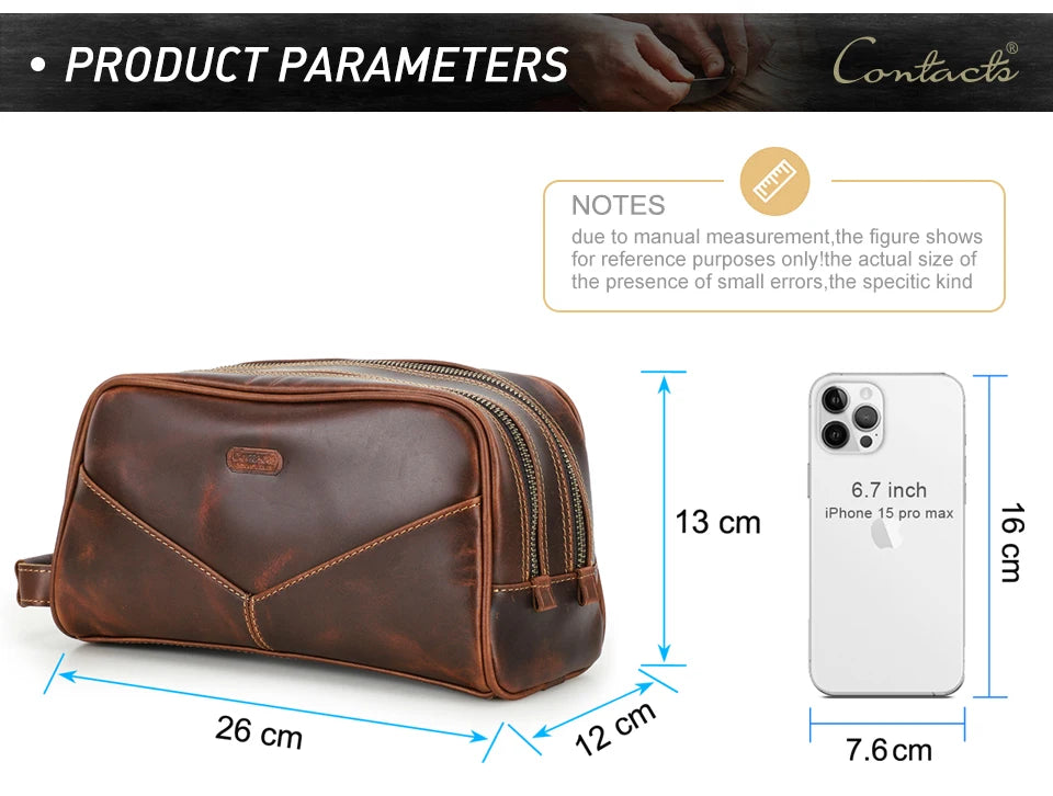 Vintage Crazy Horse Leather men cosmetic Case makeup bag travel toiletry hand-held make up wash bags Double Zipper man organizer