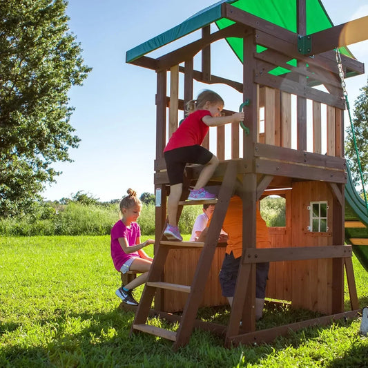 Tool Lakewood Cedar Wood Set with Wave Slide, Snack Bar Window, Picnic Area, Belt Swings, Trapeze, Step Ladder, Outdoor Playset