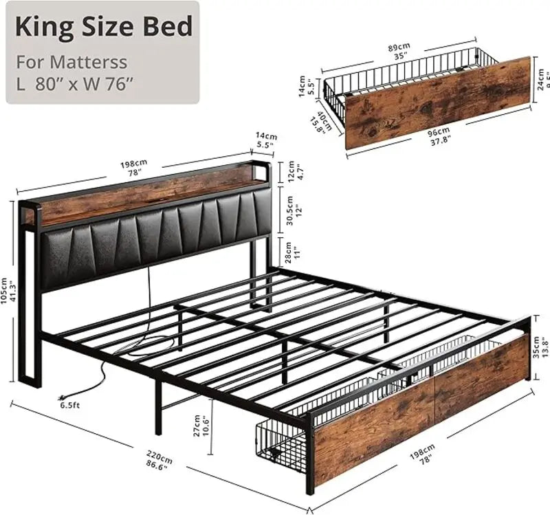LIKIMIO King/CaliforniaKing Size Bed Frame with Headboard, Charging Station,  2 Storage Drawers,  No Box Spring Needed