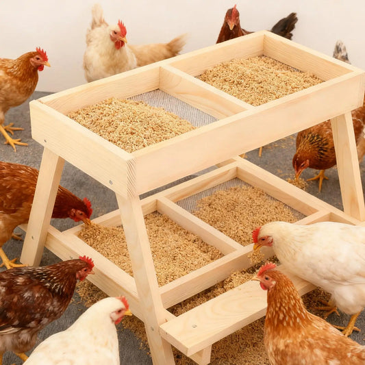 Chicken Picnic Table Double Layer Feeding Table Handmade Wooden Chicken Coop Feeder with 4 Grids for Poultry Ducks Turkeys Wild