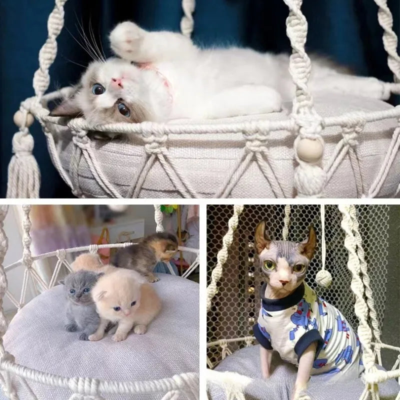 Pet Cat Hammock Cat Swing Hand Woven Cotton Rope Cats Hanging Basket Kitten Hanging String Den Indoor Pend Nest Pet Supplies