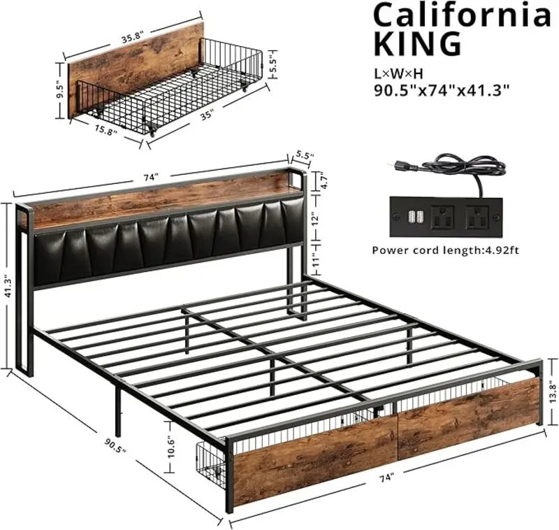 LIKIMIO King/CaliforniaKing Size Bed Frame with Headboard, Charging Station,  2 Storage Drawers,  No Box Spring Needed