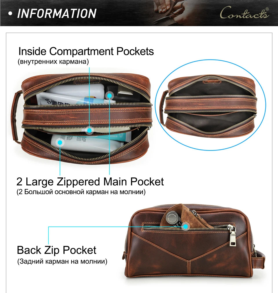 Vintage Crazy Horse Leather men cosmetic Case makeup bag travel toiletry hand-held make up wash bags Double Zipper man organizer