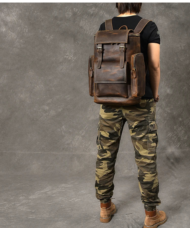 Retro Crazy Horse Leather Men's Backpack male computer bag Large Capacity 15.6 inch laptop bags genuine leather Travel Backpacks