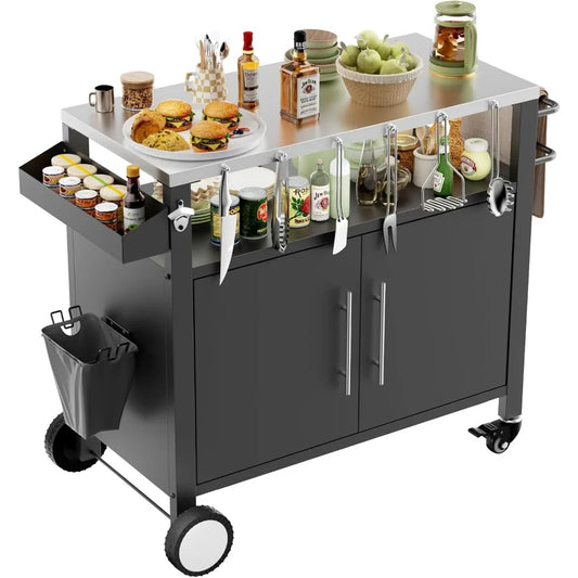 outdoor grill cart with patio furniture, outdoor grill table with storage,rolling bar cart outdoor bbq cart with hooks and spice