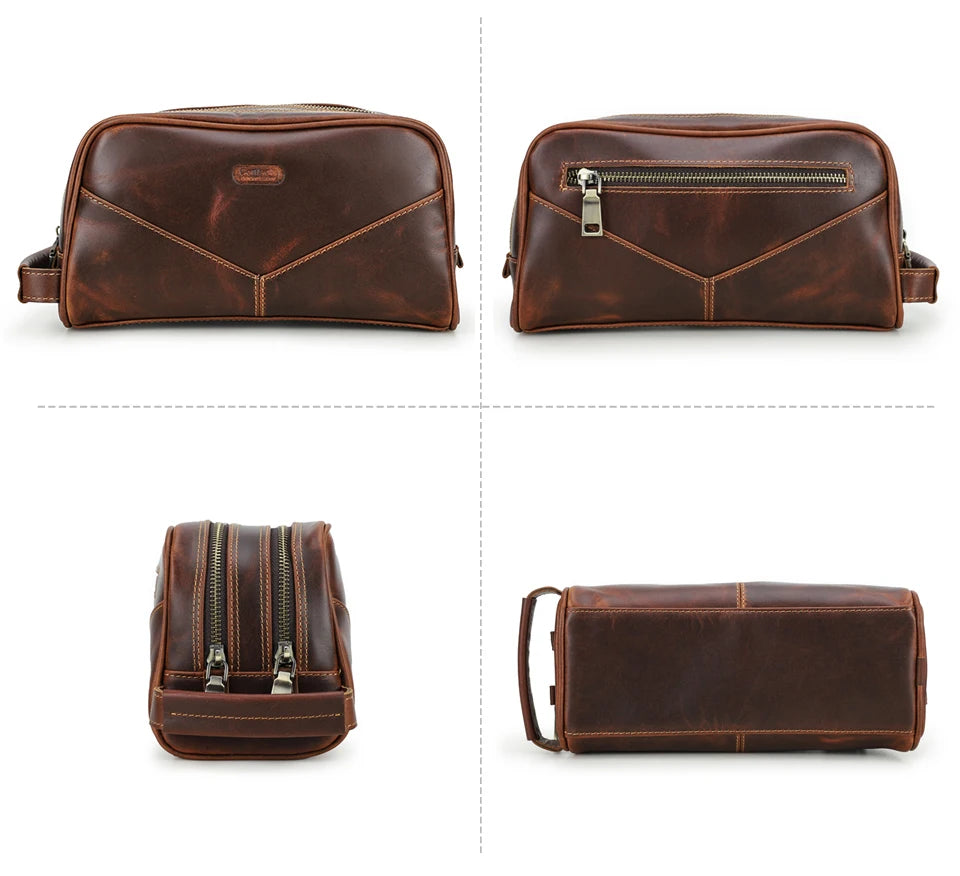 Vintage Crazy Horse Leather men cosmetic Case makeup bag travel toiletry hand-held make up wash bags Double Zipper man organizer